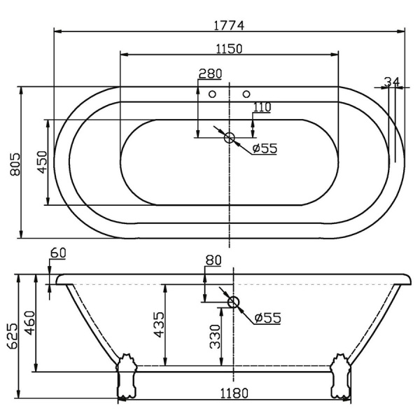 Ванна акриловая отдельностоящая овальная на ножках 1774х800 мм, 21802 фото  в интернет-магазине Санкомп