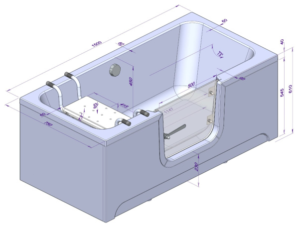 Ванна для инвалидов и пожилых со стеклянной дверцей лежачая правая 1500х750х610 мм, 22776 фото  в интернет-магазине Санкомп