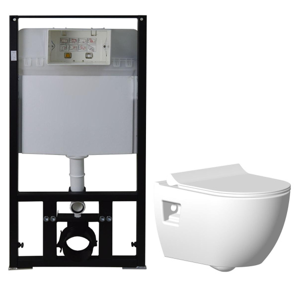 Унитаз подвесной БЕЗОБОДКОВЫЙ с тонким сиденьем микролифт, инсталяция БЕЗ КЛАВИШИ 22480  фото  в интернет-магазине Санкомп