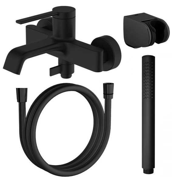 Смеситель для ванны настенный, излив короткий с ручным душем, черный матовый, 22320 фото  в интернет-магазине Санкомп