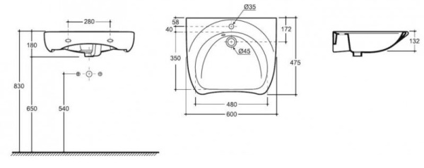 Умывальник медицинский керамика с отверстием под смеситель с переливом 475х600х180, 16108 фото  в интернет-магазине Санкомп