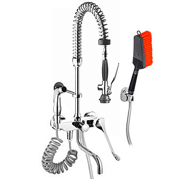 Смеситель ЛОКТЕВОЙ (ХИРУРГИЧЕСКИЙ) настенный излив 18 см С ДУШИРУЮЩИМ УСТРОЙСТВОМ и ЩЕТКОЙ фото  в интернет-магазине Санкомп