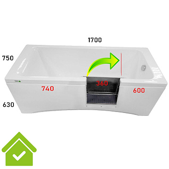 Ванна с дверцей 1700х750х640 мм СЛИВ СПРАВА, ДВЕРЦА СПРАВА 600 мм от края, ОТКРЫТИЕ НАПРАВО, 23983  фото  в интернет-магазине Санкомп