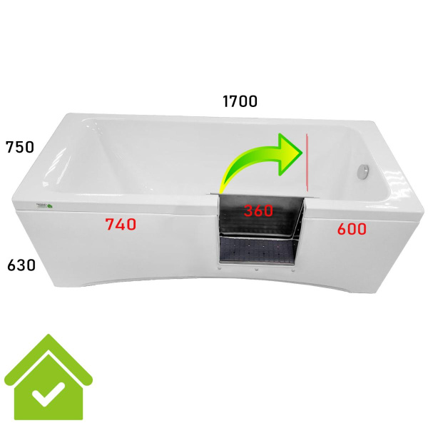 Ванна с дверцей 1700х750х640 мм СЛИВ СПРАВА, ДВЕРЦА СПРАВА 600 мм от края, ОТКРЫТИЕ НАПРАВО, 23983  фото  в интернет-магазине Санкомп
