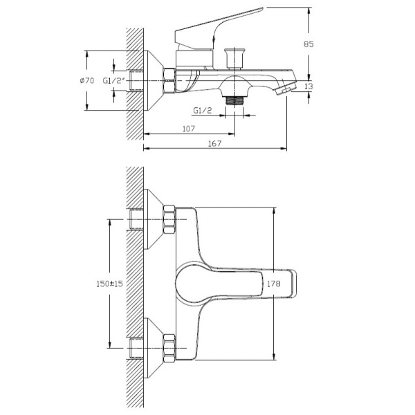 Смеситель для ванны настенный ОДНОРЫЧАЖНЫЙ, излив литой, лейка 1 режим фото  в интернет-магазине Санкомп