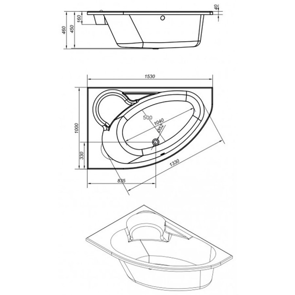Ванна акриловая асимметричная левая с каркасом 1530х1000 мм, 21759 фото  в интернет-магазине Санкомп