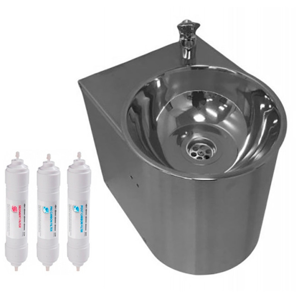 Фонтанчик питьевой кнопочный подвесной 1 чаша Х/В, С/Ф, Б/УФ, Б/Г, Б/ТО, AISI 304, 250х317х280 26569 фото  в интернет-магазине Санкомп