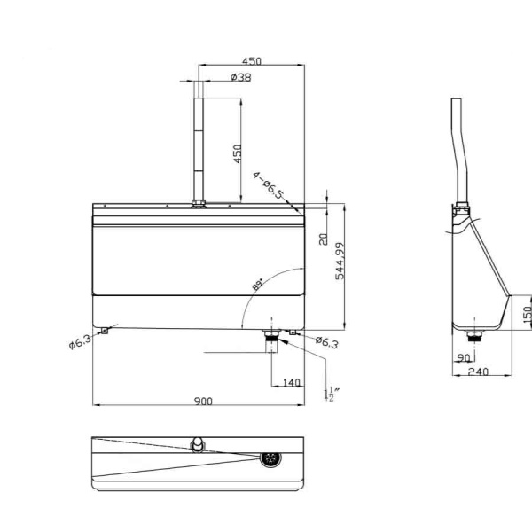 Писсуар коллективный, вход 1 вертикальный с трубкой Ø38, выпуск резьба Ду 40 СПРАВА (240х900х545) фото  в интернет-магазине Санкомп