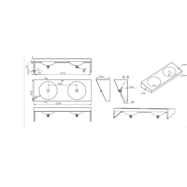 Раковина из нержавеющей стали коллективная с 2 чашами (1200х450х290), 5646 фото  в интернет-магазине Санкомп