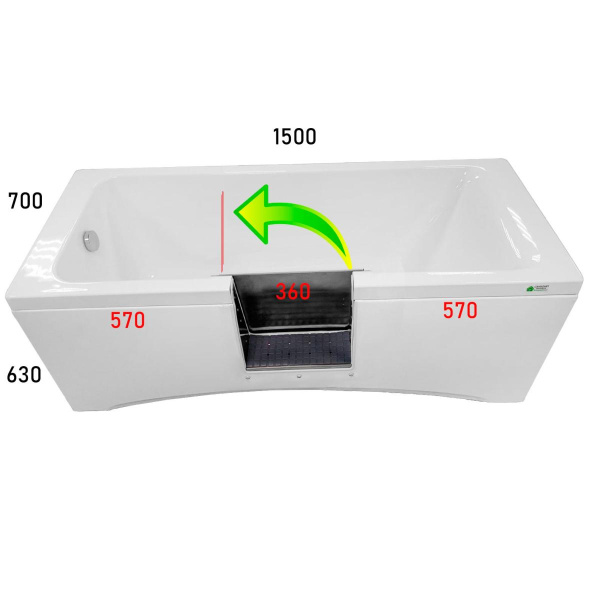 Ванна с дверцей 1500х700х630 мм СЛИВ СЛЕВА, ДВЕРЦА ПО ЦЕНТРУ 570 мм от края, ОТКРЫТИЕ НАЛЕВО, 23961  фото  в интернет-магазине Санкомп