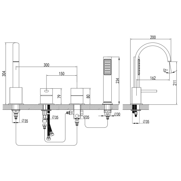 Смеситель на борт ванны излив каскадный, на 4 отверстия, черный матовый, 22310 фото  в интернет-магазине Санкомп