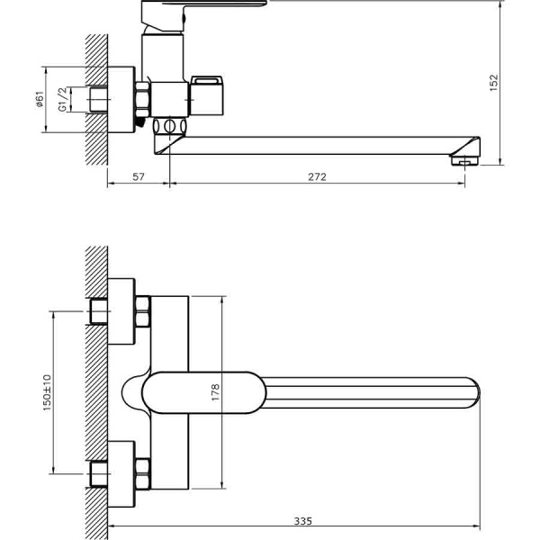 Смеситель для ванны настенный ОДНОРЫЧАЖНЫЙ, излив поворотный 272 мм, лейка 1 режим, 26143 фото  в интернет-магазине Санкомп