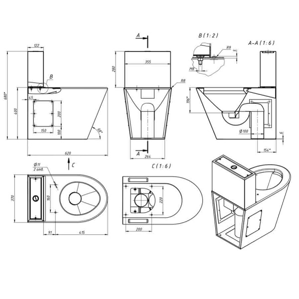 Унитаз-компакт НЕРЖАВЕЙКА МАТОВАЯ,620х370х680,ВЕРТИКАЛЬНЫЙ 100, сидение дюропласт,подача снизу, 938  фото  в интернет-магазине Санкомп