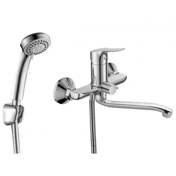 Смеситель для ванны настенный ОДНОРЫЧАЖНЫЙ, излив поворотный 22 см, лейка 3 режима, 27078 фото  в интернет-магазине Санкомп