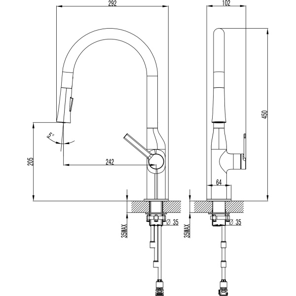 Смеситель для кухни ВЫСОКИЙ излив выдвижной , графит, высота 45 см 22395  фото  в интернет-магазине Санкомп
