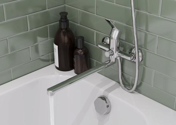 Смеситель для ванны настенный ОДНОРЫЧАЖНЫЙ, излив поворотный 32 см, лейка 1 режим, 22766  фото  в интернет-магазине Санкомп