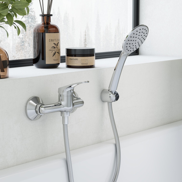 Смеситель для ванны настенный ОДНОРЫЧАЖНЫЙ, излив литой, лейка 1 режим, шланг 150 см, 22749  фото  в интернет-магазине Санкомп