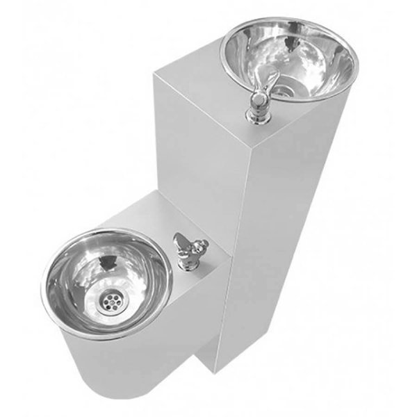 Фонтанчик питьевой кнопочный напольный 2 чаши Х/В, Б/Ф, Б/УФ, Б/Г, Б/ТО AISI 304, 630х250х1000 26708 фото  в интернет-магазине Санкомп