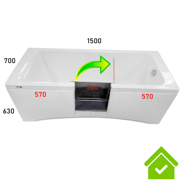 Ванна с дверцей 1500х700х630 мм СЛИВ СПРАВА ДВЕРЦА ПО ЦЕНТРУ 570 мм от края, ОТКРЫТИЕ НАПРАВО, 23971 фото  в интернет-магазине Санкомп