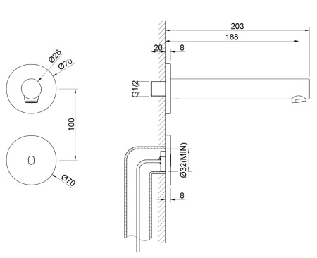 Кран настенный скрытого монтажа с литым изливом СЕНСОРНЫЙ, 25124 фото  в интернет-магазине Санкомп