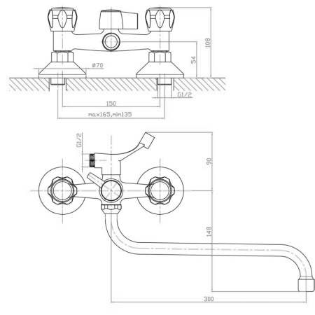 Смеситель для ванны настенный ДВУХВЕНТИЛЬНЫЙ керамика, излив длинный 30 см, лейка 1 режим фото  в интернет-магазине Санкомп