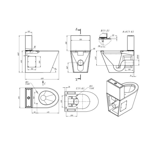 Унитаз-компакт НЕРЖАВЕЙКА МАТОВАЯ, 620х370х680, горизонтальный 100, сидение дюропласт, подача снизу фото  в интернет-магазине Санкомп