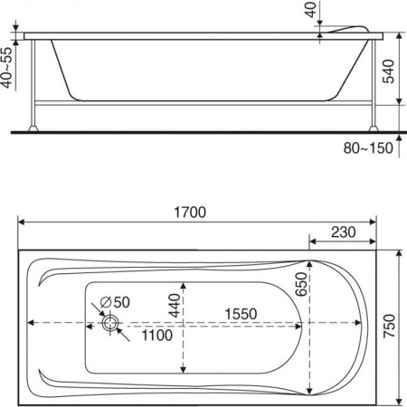 Ванна акриловая прямоугольная с каркасом 1700х750х540 мм, 21853 фото  в интернет-магазине Санкомп