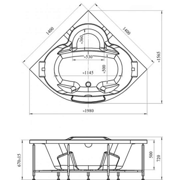 Ванна акриловая угловая гидромассажная с каркасом 1400х1400 мм, 21919  фото  в интернет-магазине Санкомп