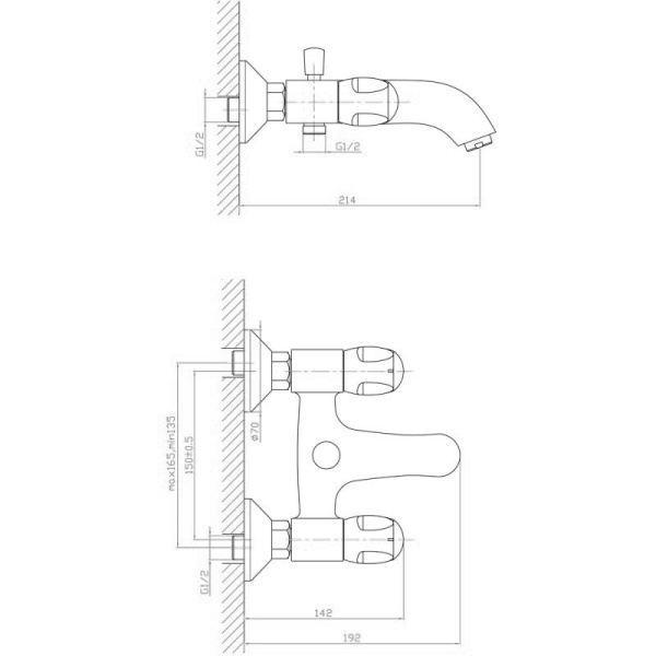 Смеситель для ванны настенный ДВУХВЕНТИЛЬНЫЙ керамика, излив короткий литой 21 см, лейка 3 режима фото  в интернет-магазине Санкомп
