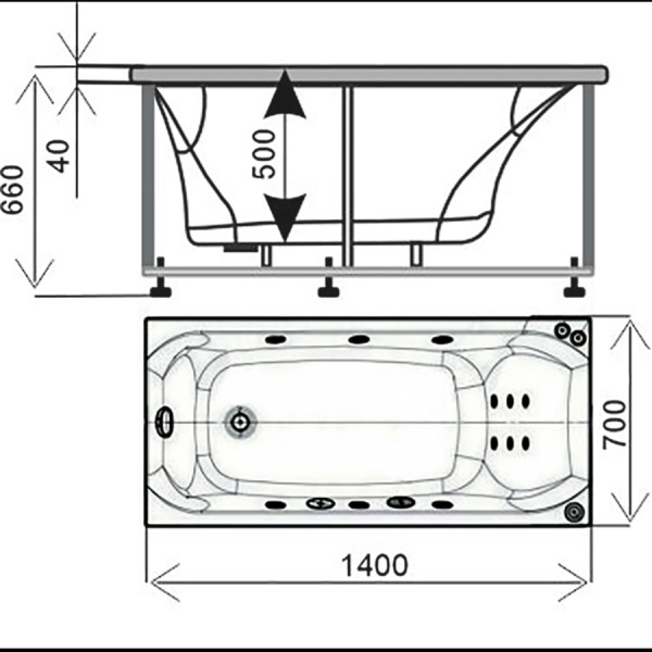 Ванна акриловая прямоугольная с гидромассажем 1400х700 мм, 21858 фото  в интернет-магазине Санкомп