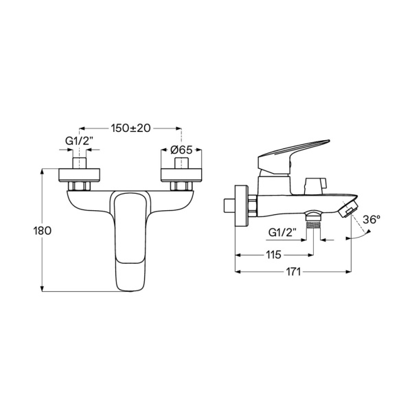 Смеситель для ванны настенный ОДНОРЫЧАЖНЫЙ, излив литой, длина излива 171 мм, лейка 1 режим, 22748  фото  в интернет-магазине Санкомп