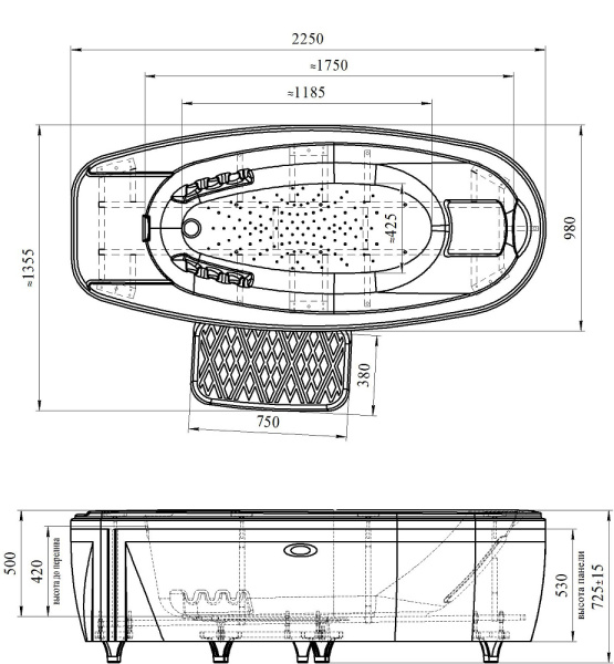 Ванна БАЛЬНЕОЛОГИЧЕСКАЯ 2250х980х725 мм, 325 л, слив, быстрый набор воды, смеситель, 2 ручки, 20928  фото  в интернет-магазине Санкомп
