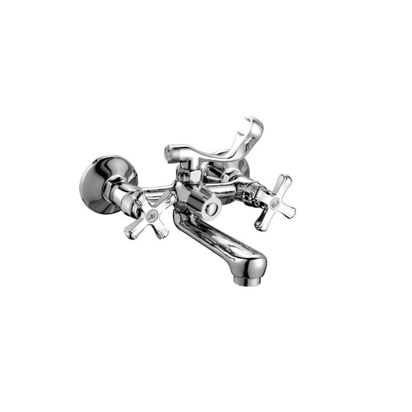 Смеситель для ванны настенный ДВУХВЕНТИЛЬНЫЙ, излив короткий литой 101 мм, лейка 1 режим, 26527 фото  в интернет-магазине Санкомп