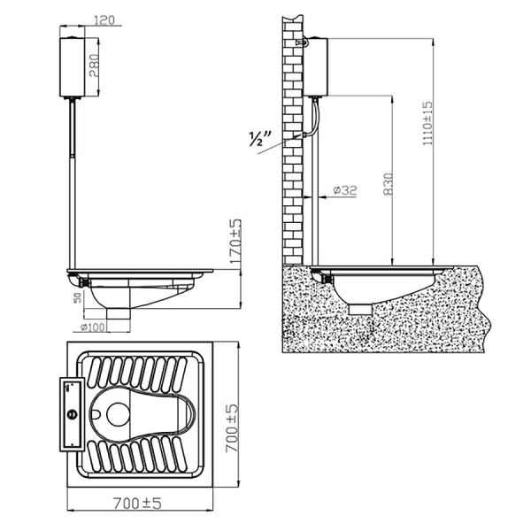 Чаша Генуя из нержавеющей стали с рассекателем 700х700х220 в комплекте с бачком, 04458 фото  в интернет-магазине Санкомп