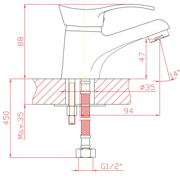 Смеситель для умывальника 35" высота 88 мм, высота до излива 47 мм, длина по центрам 94 мм фото  в интернет-магазине Санкомп