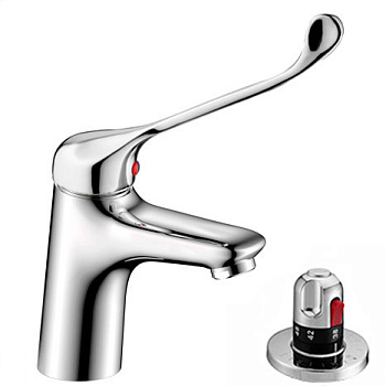 Смеситель ЛОКТЕВОЙ-ТЕРМОСТАТИЧЕСКИЙ для раковины, (К40), с литым изливом 14/7 см, ШПИЛЬКА  фото  в интернет-магазине Санкомп