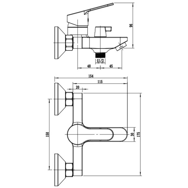 Смеситель для ванны настенный ОДНОРЫЧАЖНЫЙ, излив литой, длина излива 131 мм, лейка 5 режимов, 26277 фото  в интернет-магазине Санкомп