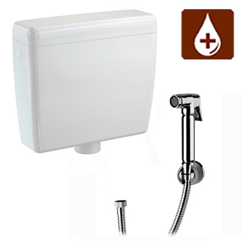 Бачок подвесной из ABS пластика ДЛЯ ДЕЗРАСТВОРОВ с гигиенической лейкой ЛАТУНЬ 127х442х390, 1012  фото в интернет-магазине СанКомп www.sancomp.ru