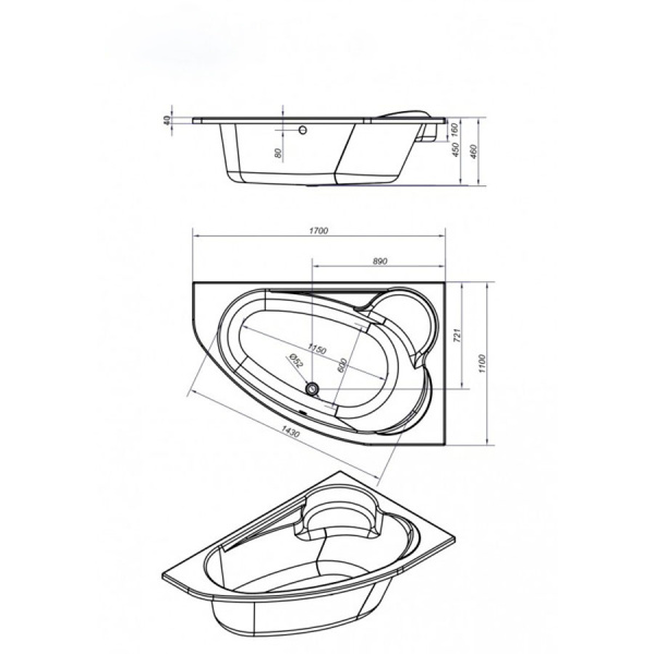Ванна акриловая асимметричная правая без каркаса 1700х1100 мм, 21776 фото  в интернет-магазине Санкомп