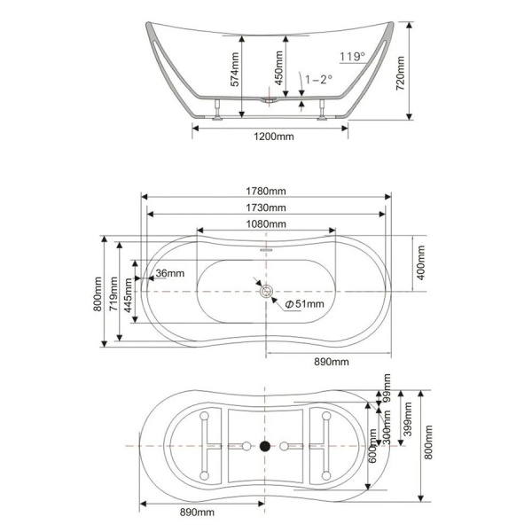 Ванна акриловая отдельностоящая овальная 1800х740 мм, 21806   фото  в интернет-магазине Санкомп