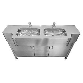 Хирургическая мойка 2х секционная из нержавеющей стали с 2 смесителями локтевыми 1400х430х900 мм фото  в интернет-магазине Санкомп