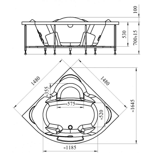 Ванна акриловая угловая гидромассажная с каркасом 1480х1480 мм, 21920 фото  в интернет-магазине Санкомп