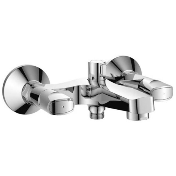 Смеситель для ванны настенный ДВУХВЕНТИЛЬНЫЙ керамика, излив короткий литой 15 см, лейка 1 режим фото  в интернет-магазине Санкомп