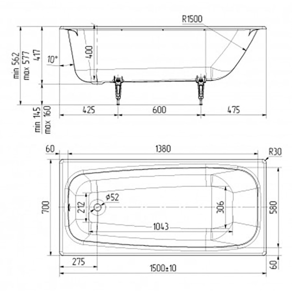 Ванна чугунная 1500х700 мм, 03573 фото  в интернет-магазине Санкомп