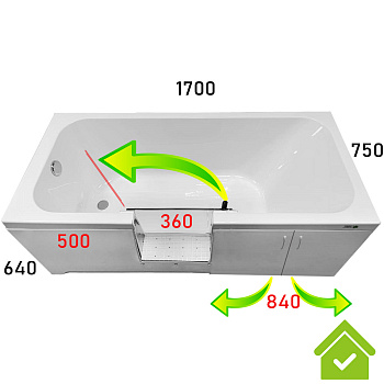 Ванна с дверцей 1700х750х640 мм СЛИВ СЛЕВА, ДВЕРЬ Стекло СЛЕВА 500 мм от края, ОТКРЫТИЕ НАЛЕВО 26557 фото  в интернет-магазине Санкомп
