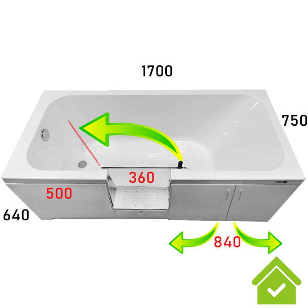 Ванна с дверцей 1700х750х640 мм СЛИВ СЛЕВА, ДВЕРЬ Стекло СЛЕВА 500 мм от края, ОТКРЫТИЕ НАЛЕВО 26557 фото  в интернет-магазине Санкомп