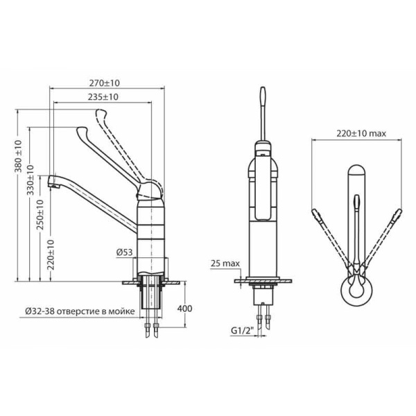 Смеситель ЛОКТЕВОЙ (ХИРУРГИЧЕСКИЙ) для кухни и раковины, (К40) с поворотным изливом 24/22, 19988 фото  в интернет-магазине Санкомп