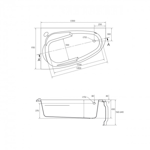 Ванна акриловая асимметричная левая 1500х950 с каркасом, 21746 фото  в интернет-магазине Санкомп