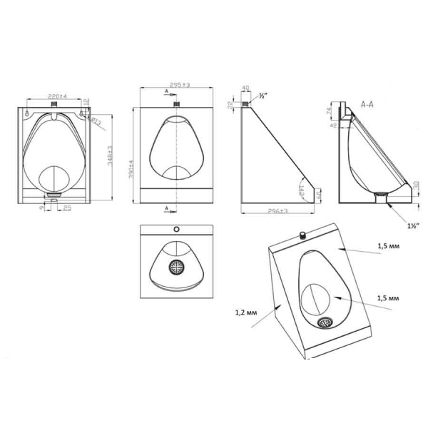 Писсуар из нержавеющей стали подача воды СВЕРХУ, выход ВЕРТИКАЛЬНЫЙ (295х295х390), 2314 фото  в интернет-магазине Санкомп