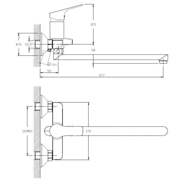 Смеситель для ванны настенный ОДНОРЫЧАЖНЫЙ, излив поворотный 30 см, лейка 3 режима фото  в интернет-магазине Санкомп